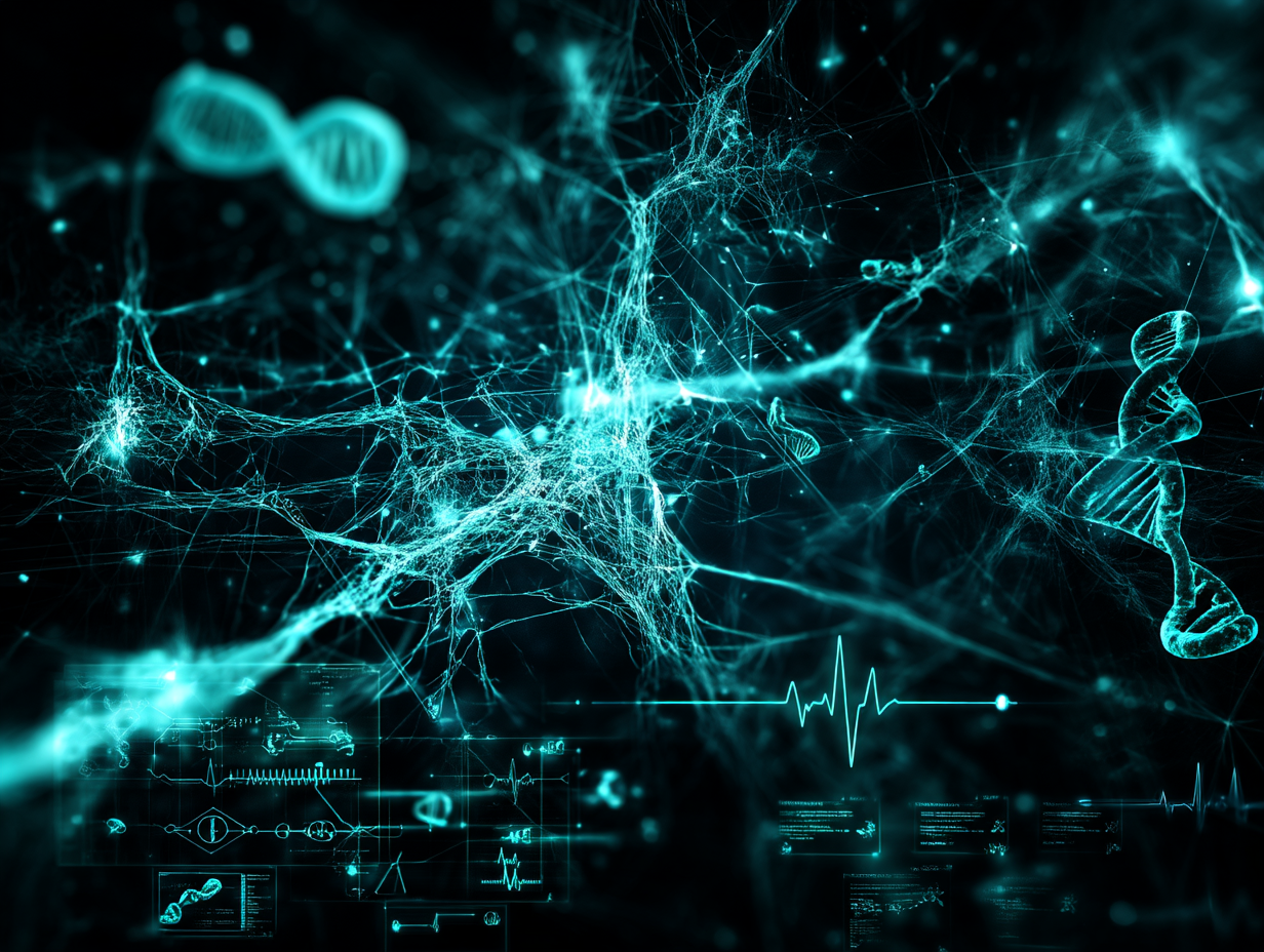 undefined Abstract visual representing AI algorithms undergoing validation scrutiny within a regulated life science environment.